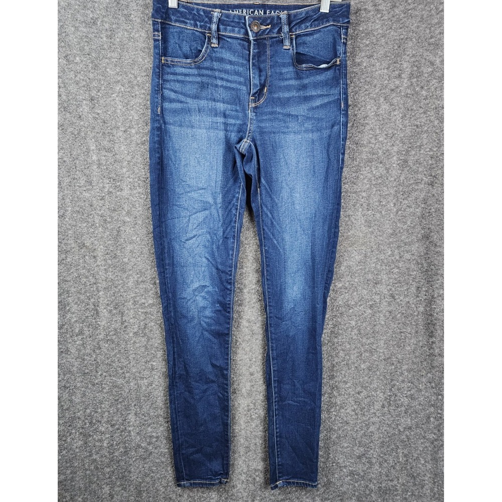 American Eagle Skinny Jeans Women 8‎ Blue High Rise Dark Wash Whiskered Denim